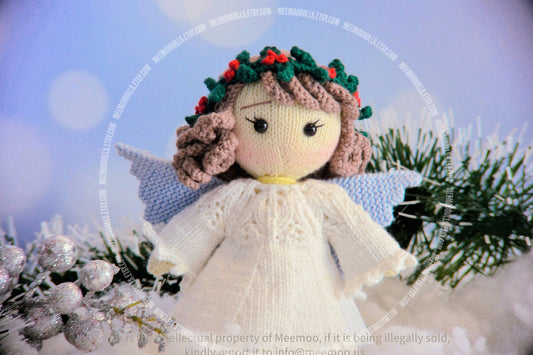 Knit Angel Doll. Christmas Knitting Pattern. Meemoodolls.