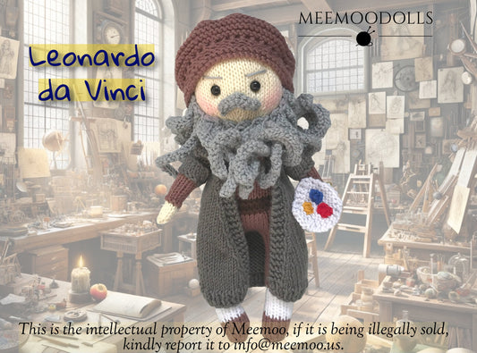 Knit Leonardo da Vinci. Knit Iconic Doll. Knitted toy patterns. Meemoodolls.