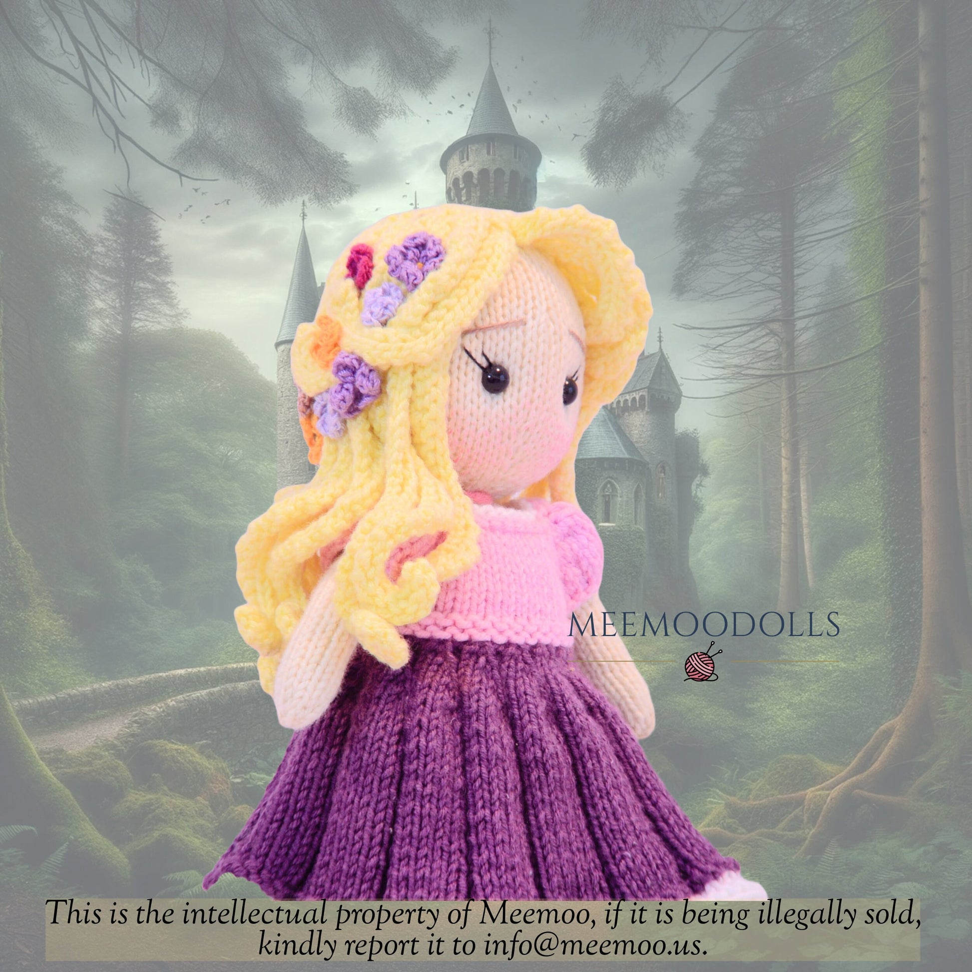 Knit Golden Hair princess. Knitted toy Patterns. Meemoodolls.