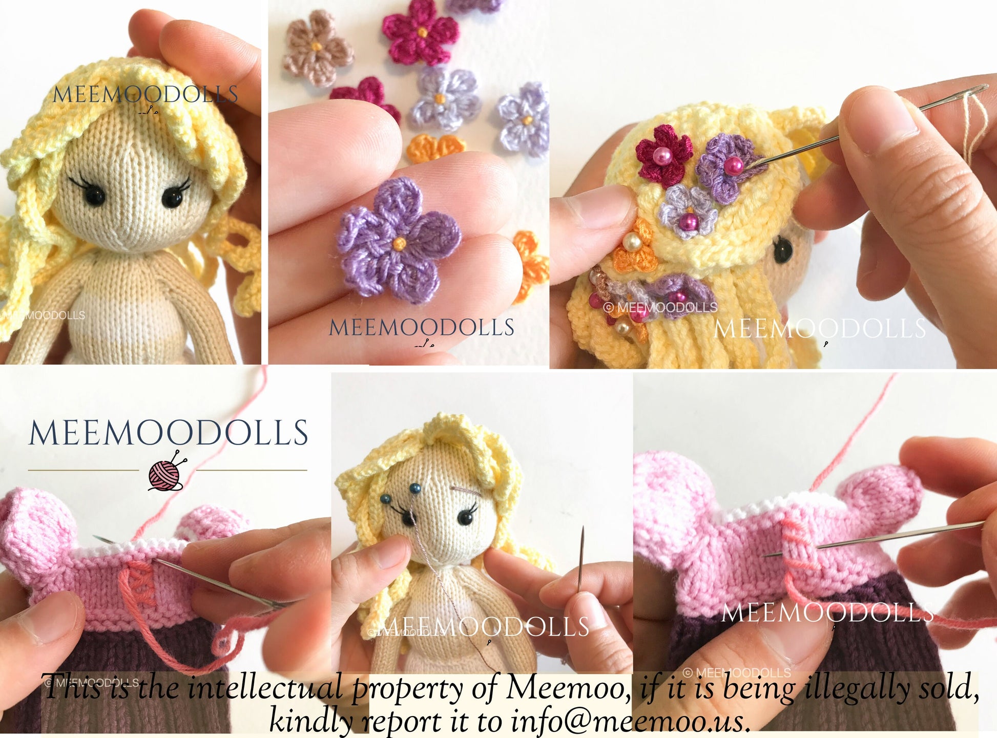 Knit Golden Hair princess. Knitted toy Patterns. Meemoodolls.